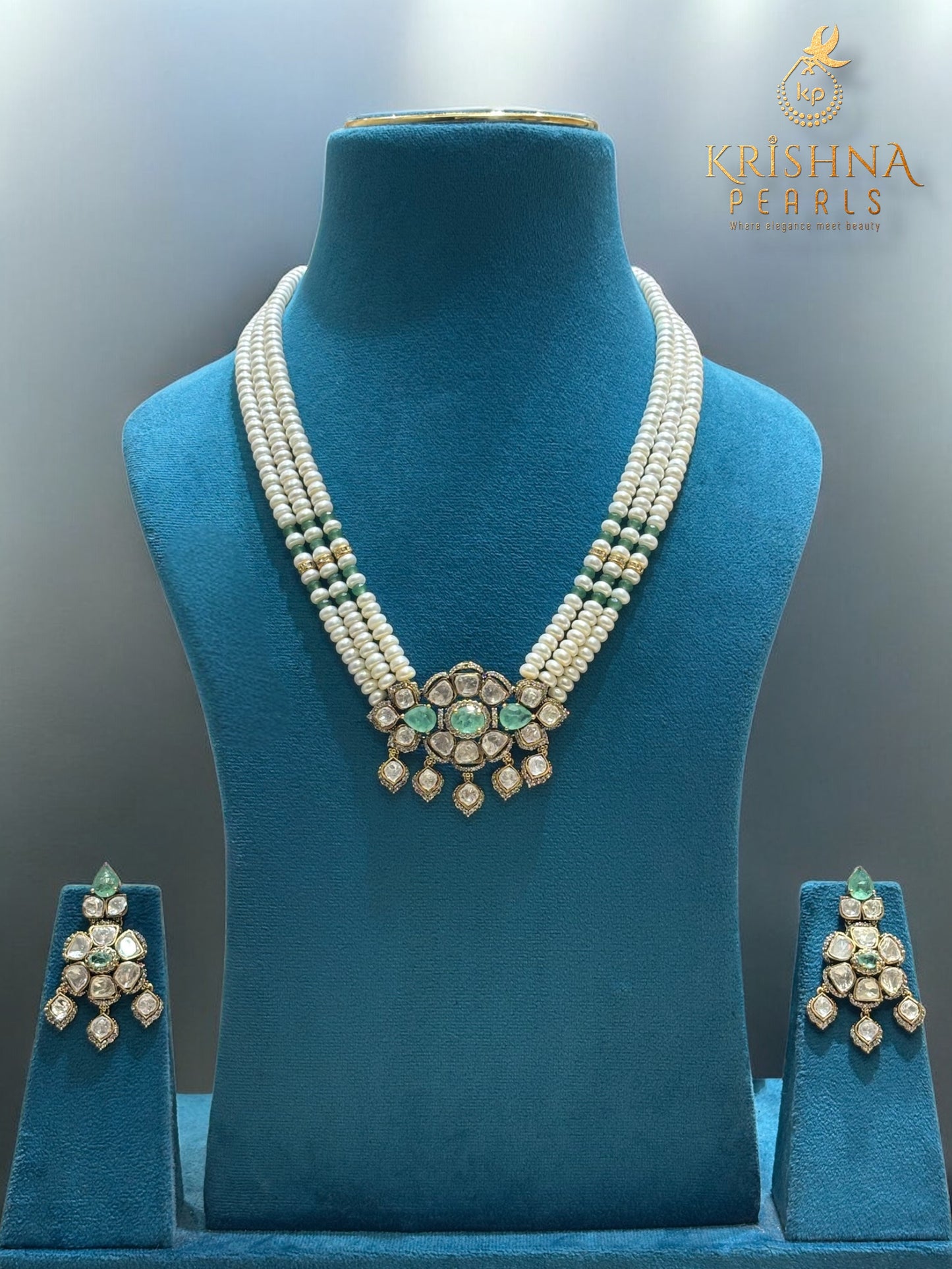 Authentic Pearls Three Strand With Royal Emerald & Polki Studded Necklace Set