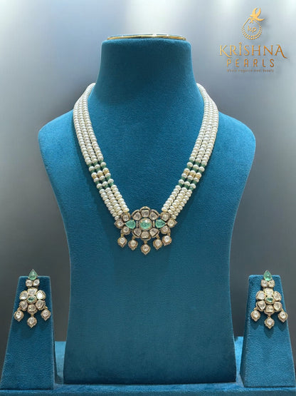 Authentic Pearls Three Strand With Royal Emerald & Polki Studded Necklace Set