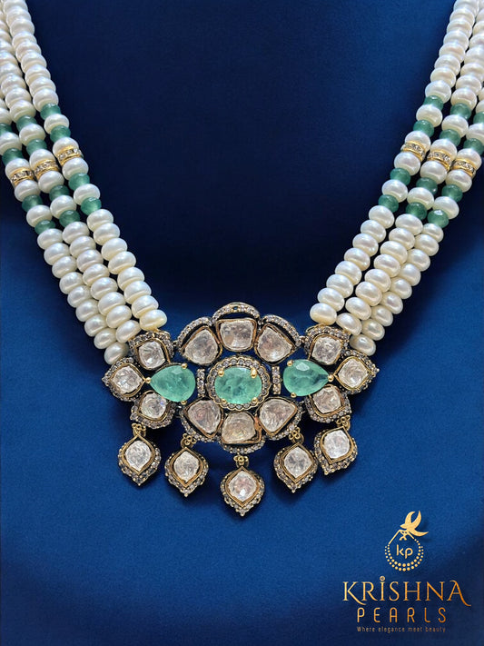 Authentic Pearls Three Strand With Royal Emerald & Polki Studded Necklace Set