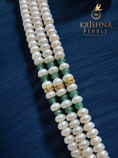 Authentic Pearls Three Strand With Royal Emerald & Polki Studded Necklace Set