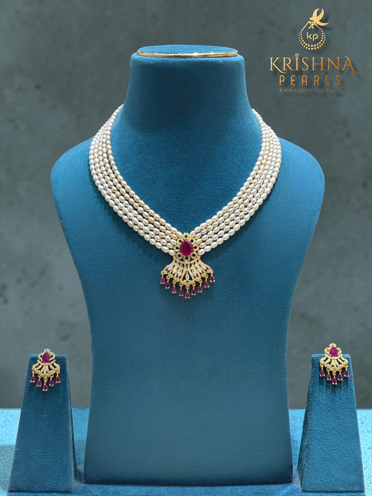 Authentic Pearls Five Layers Ruby Studded Necklace Set