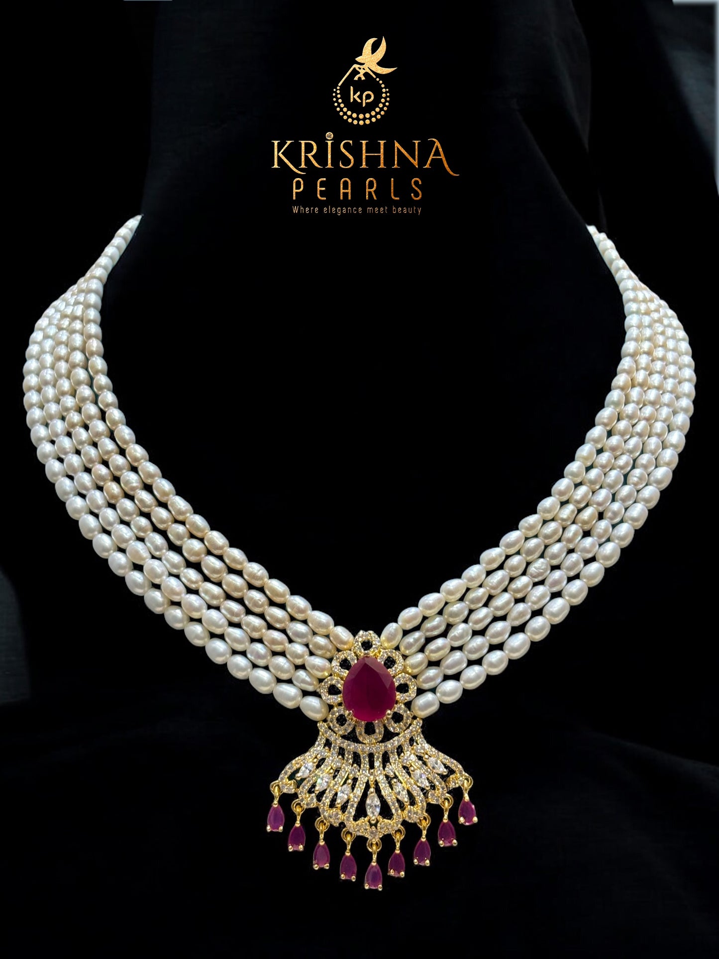 Authentic Pearls Five Layers Ruby Studded Necklace Set
