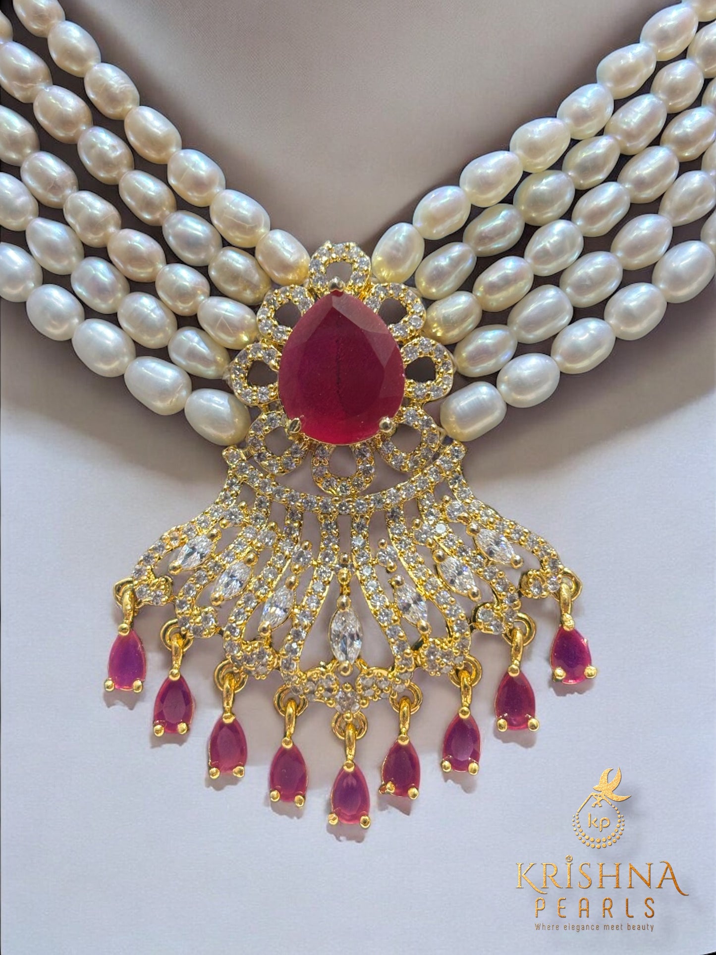 Authentic Pearls Five Layers Ruby Studded Necklace Set