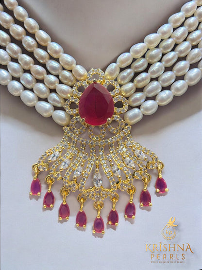 Authentic Pearls Five Layers Ruby Studded Necklace Set