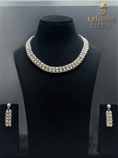 Button Pearl White Necklace Set
