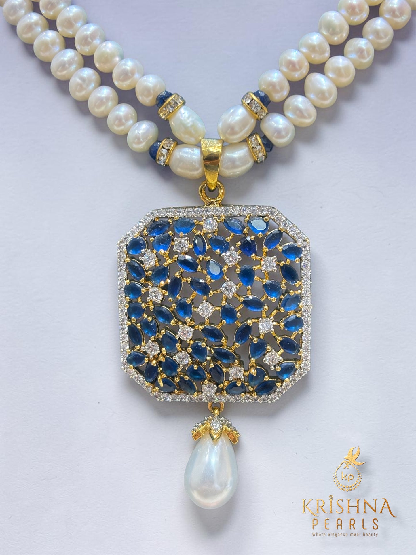 Royal Blue Sapphire Studded Pendent With Pearls Necklace Set
