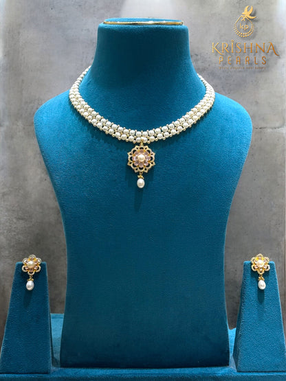 Rose Quartz Aura Double Layer Button Pearls Necklace Set