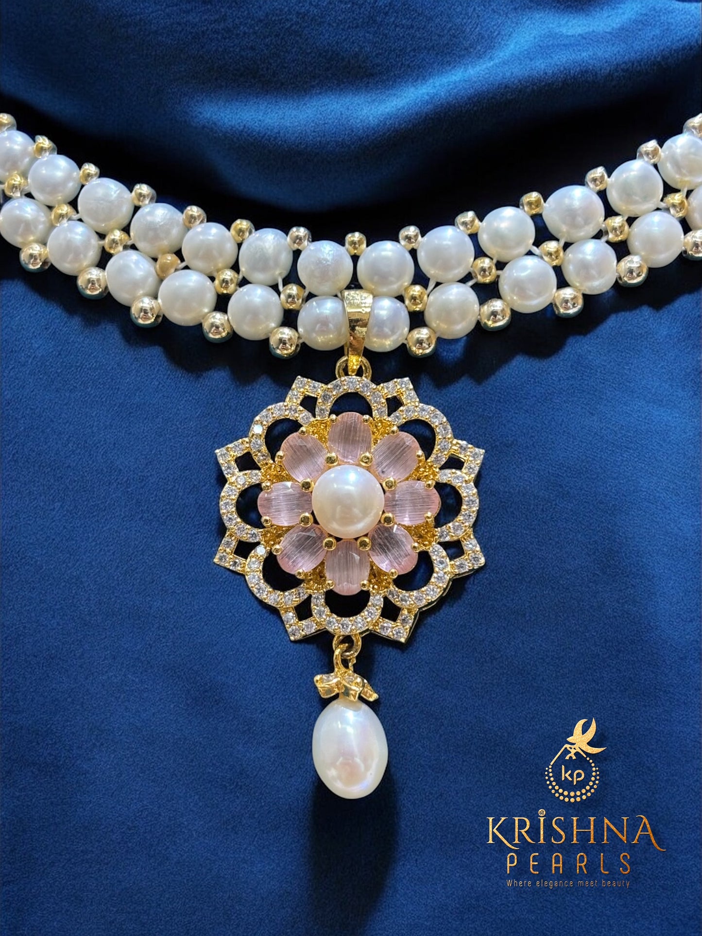 Rose Quartz Aura Double Layer Button Pearls Necklace Set