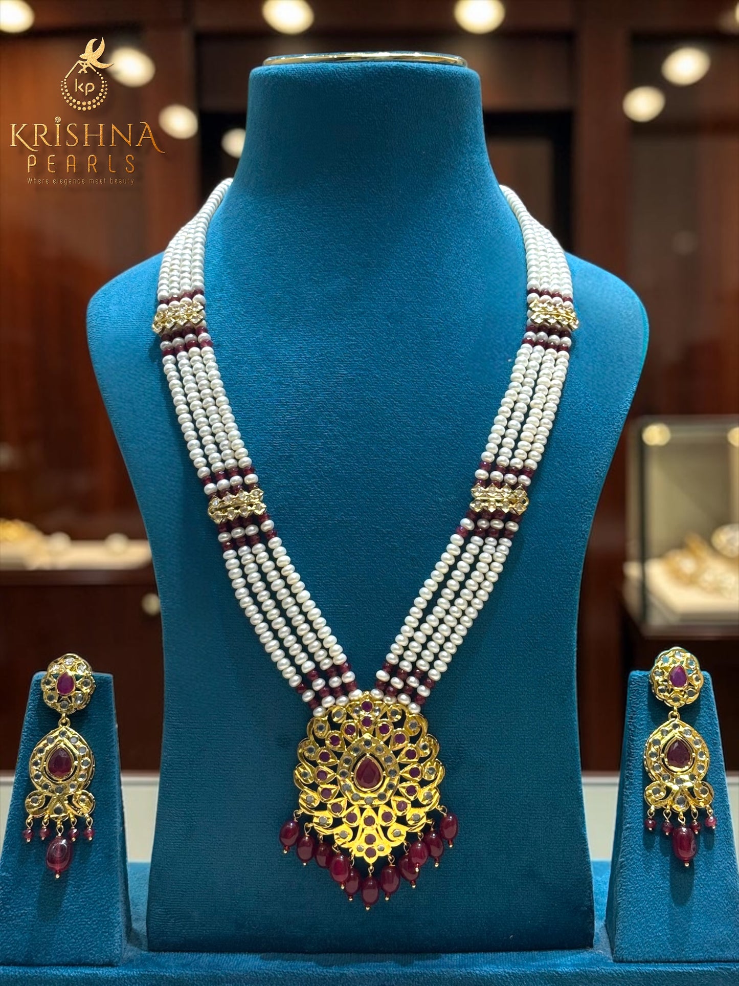 Authentic Pearls Four Layers Nizami Pendent With Rubies Necklace Set