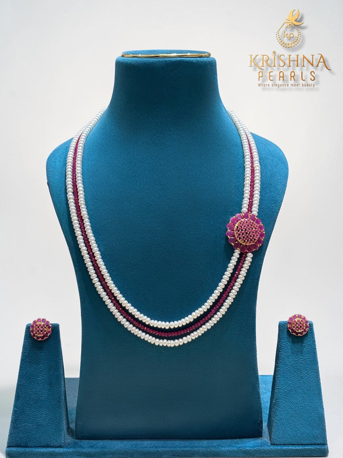Ruby Pearls Necklace - Three Rows Red Studded Broch Necklace Set