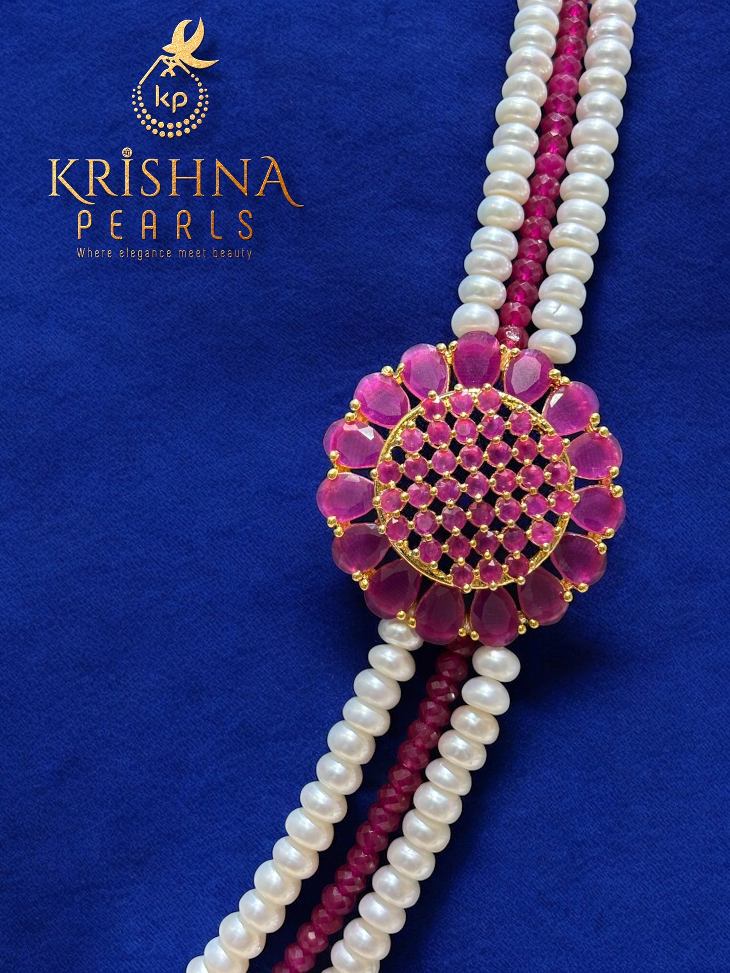 Ruby Pearls Necklace - Three Rows Red Studded Broch Necklace Set