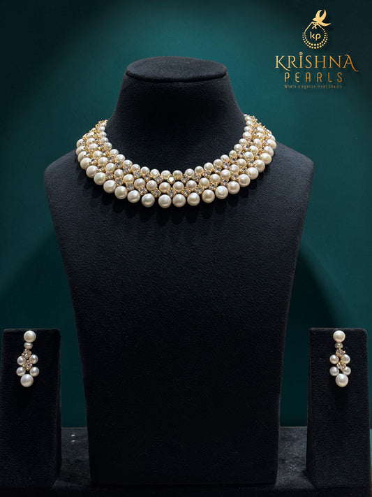 Exclusive Button Pearls With Diamonds Necklace Set
