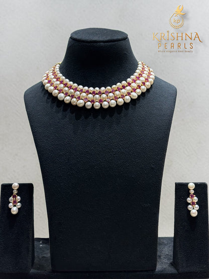 Adorable Button Pearls & Red Stones Studded Necklace Set