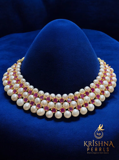 Adorable Button Pearls & Red Stones Studded Necklace Set