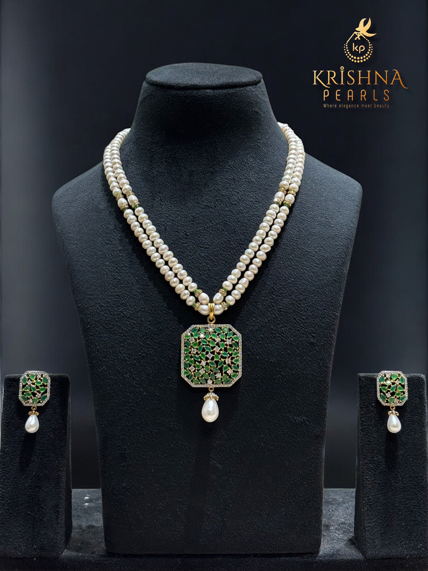 Real Pearls Double Layer Green Pendent Set