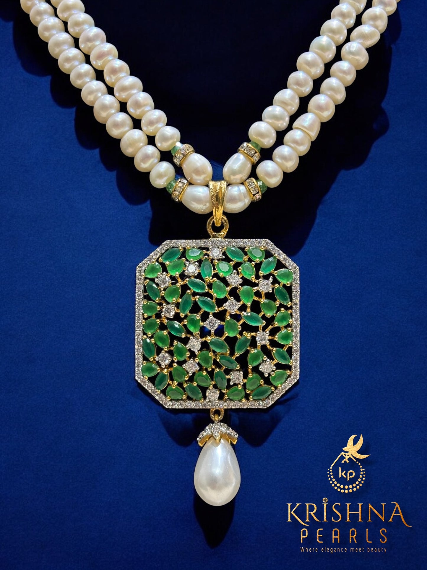 Real Pearls Double Layer Green Pendent Set