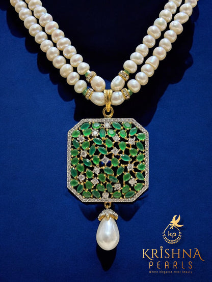 Real Pearls Double Layer Green Pendent Set