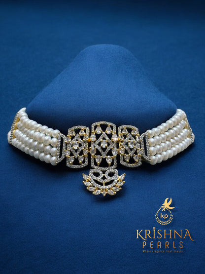 CZ Zircon Studded Floral Pendant Four Line Pearls Choker Set