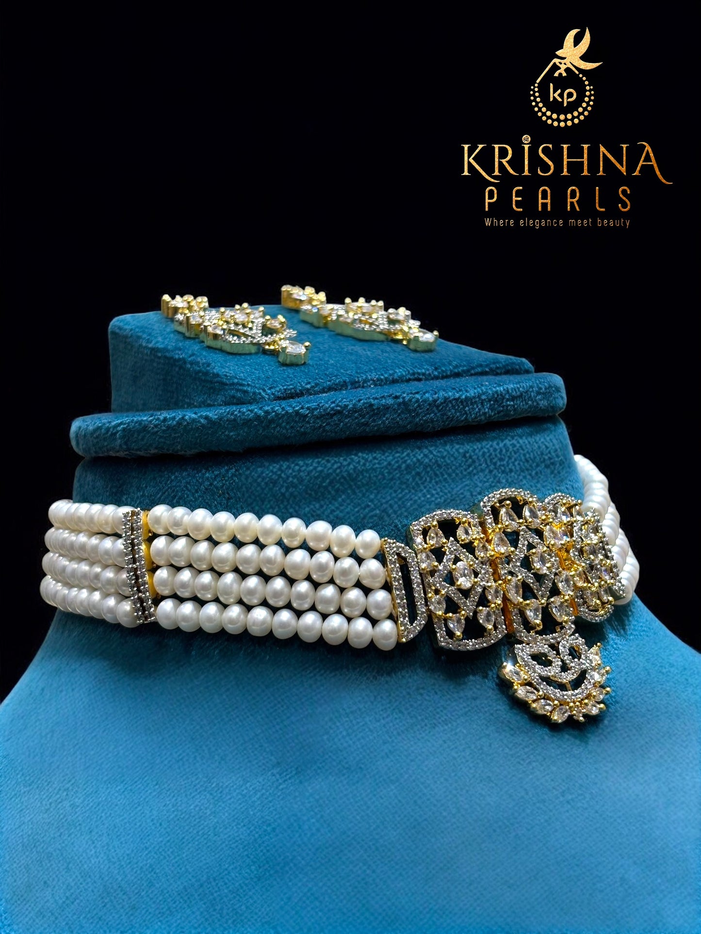 CZ Zircon Studded Floral Pendant Four Line Pearls Choker Set