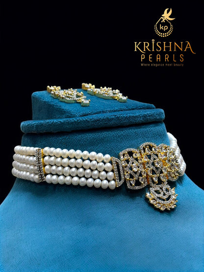 CZ Zircon Studded Floral Pendant Four Line Pearls Choker Set