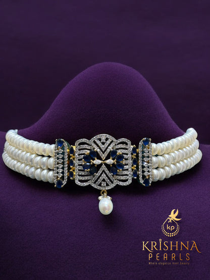 Charming Blue Stone Studded Three Pearls Choker Set