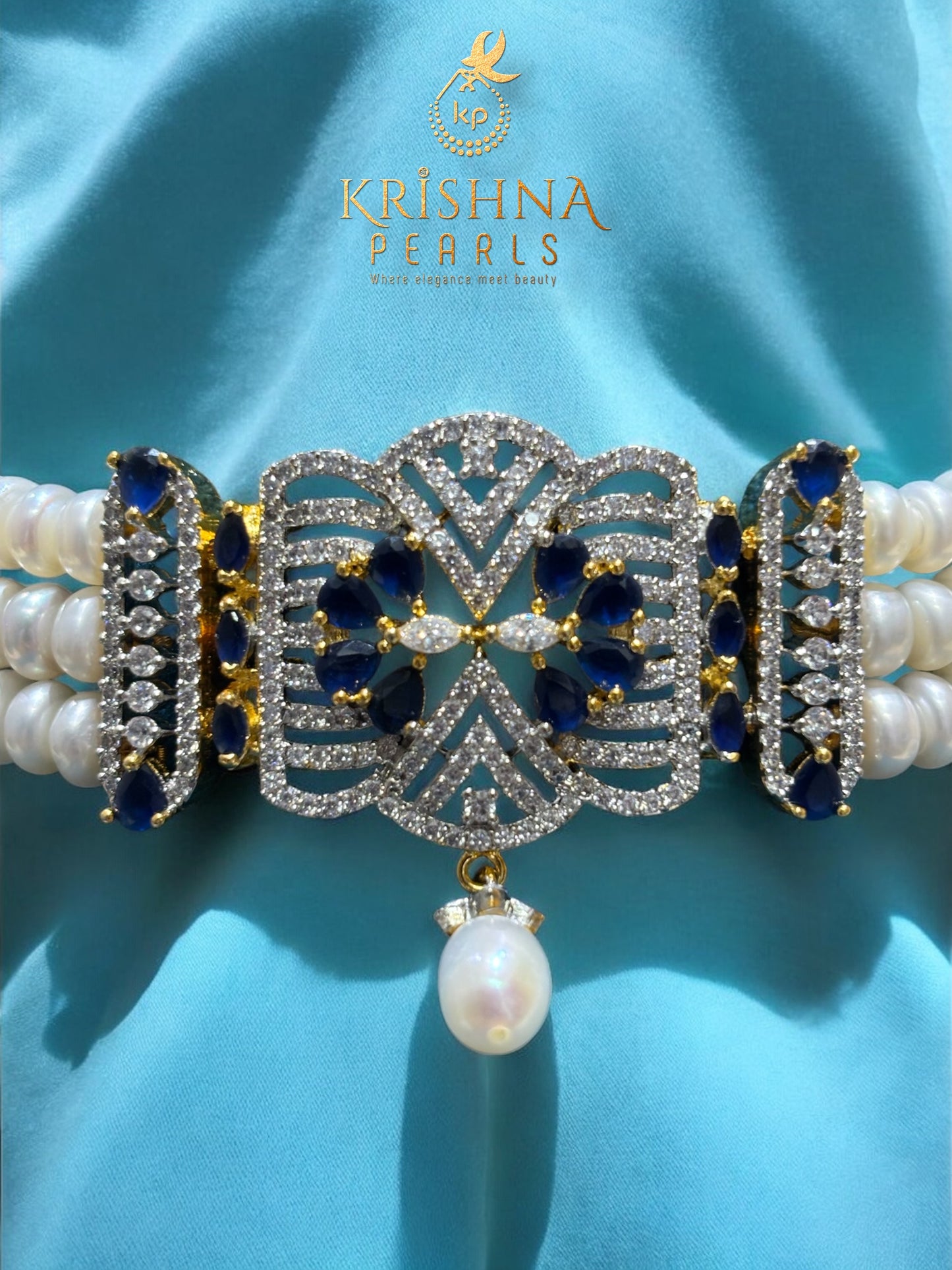 Charming Blue Stone Studded Three Pearls Choker Set