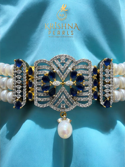 Charming Blue Stone Studded Three Pearls Choker Set