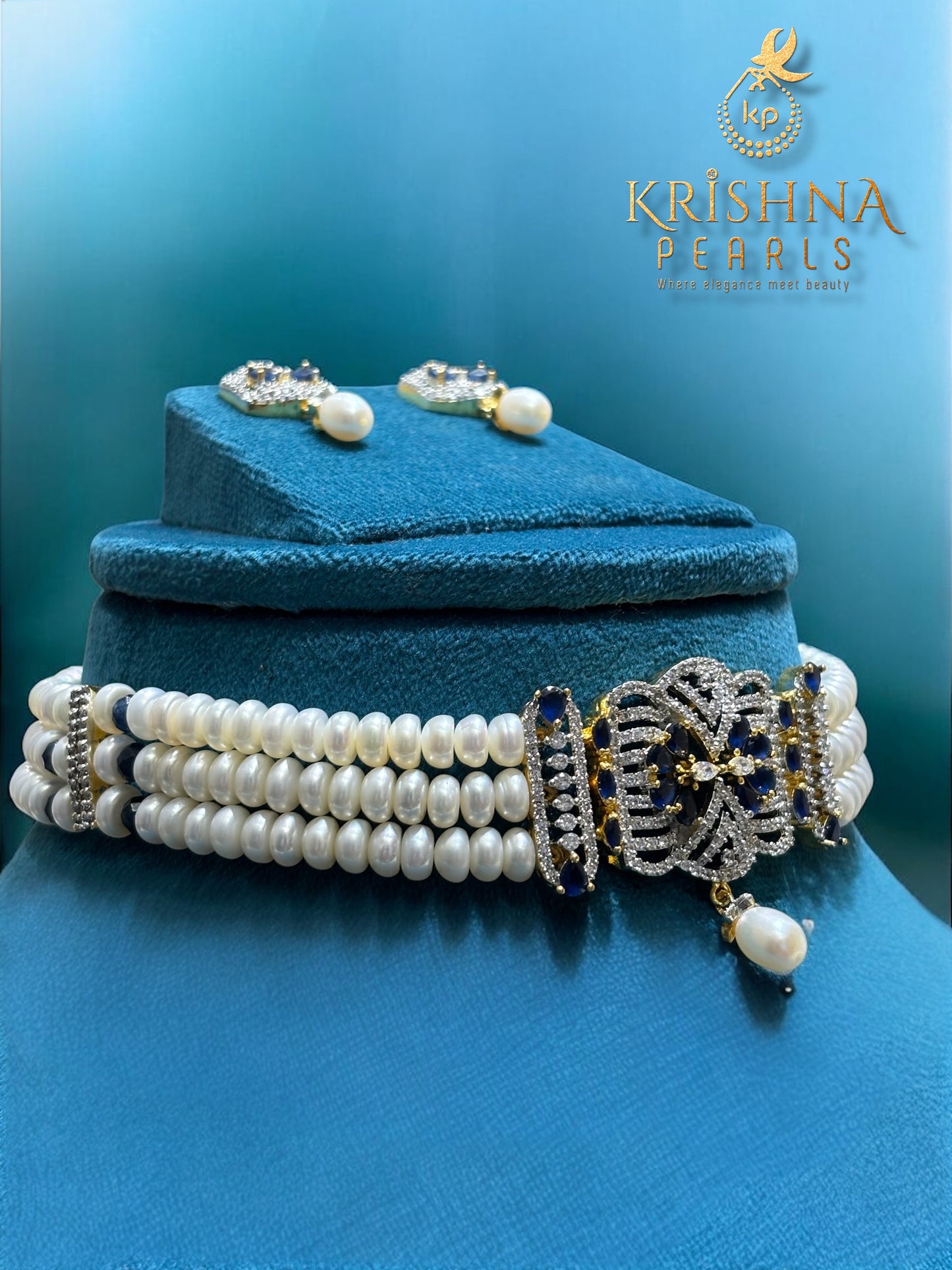 Charming Blue Stone Studded Three Pearls Choker Set