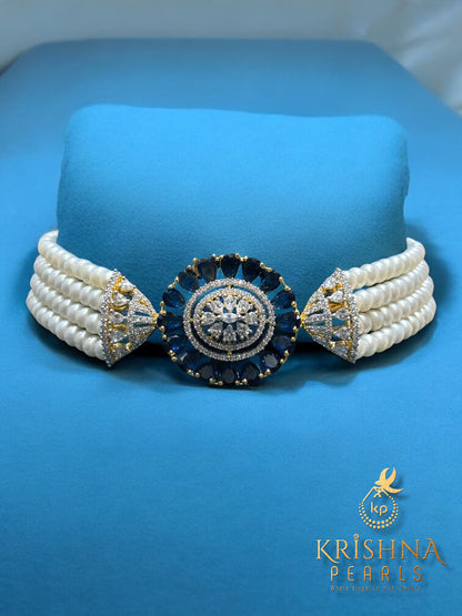 Royal Blue Stone Studded Four Line Pearl Choker Set