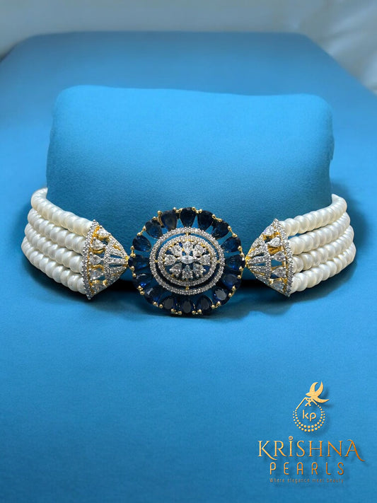 Royal Blue Stone Studded Four Line Pearl Choker Set
