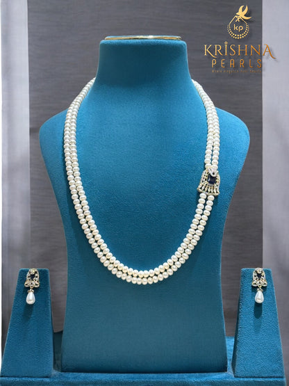 Real Pearls Double Layer Blue Sapphire Studded Broch Set