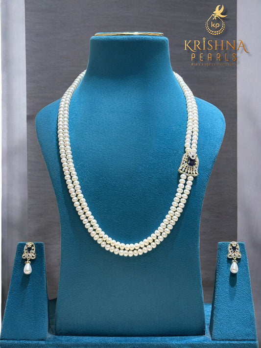 Real Pearls Double Layer Blue Sapphire Studded Broch Set