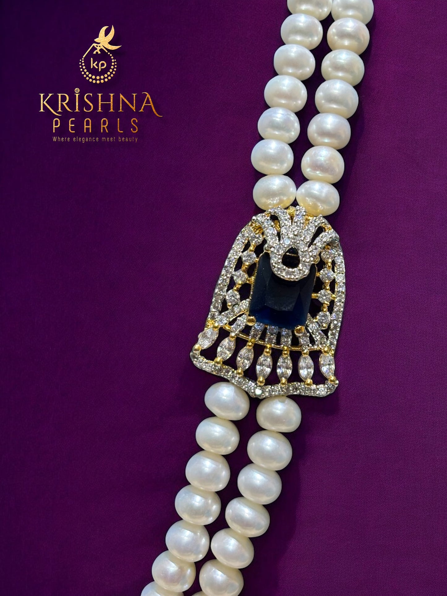 Real Pearls Double Layer Blue Sapphire Studded Broch Set