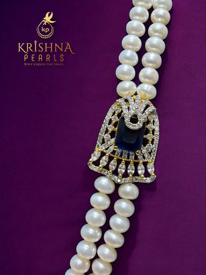 Real Pearls Double Layer Blue Sapphire Studded Broch Set