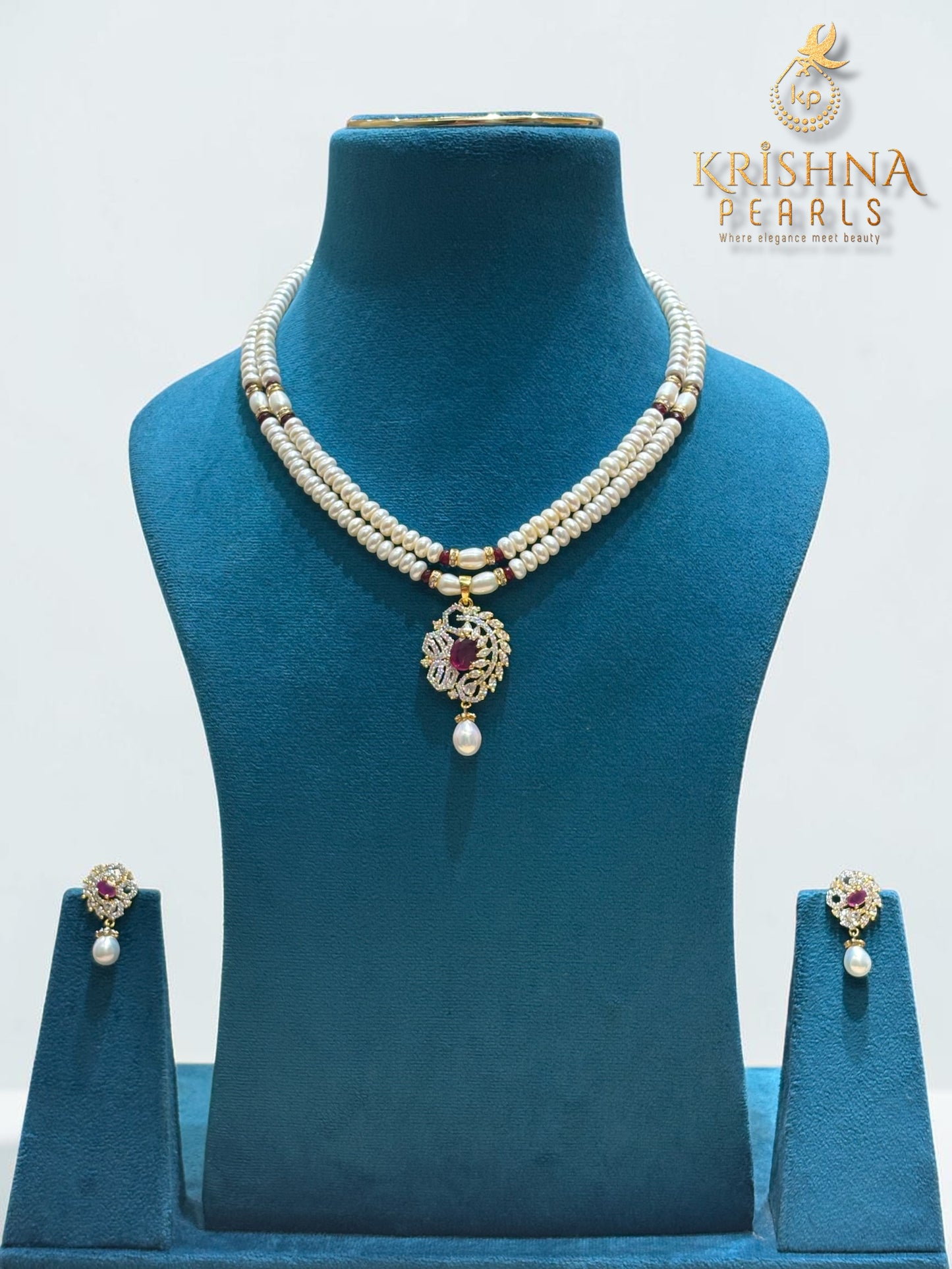 Royal Ruby Pendent With Pearls Necklace Set