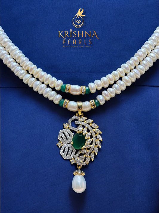Two Row Pearls Necklace With Emerald Studded Pendant Earrings