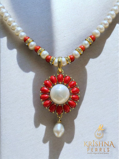 Floral Symphony Coral Studded Pearls Necklace Set