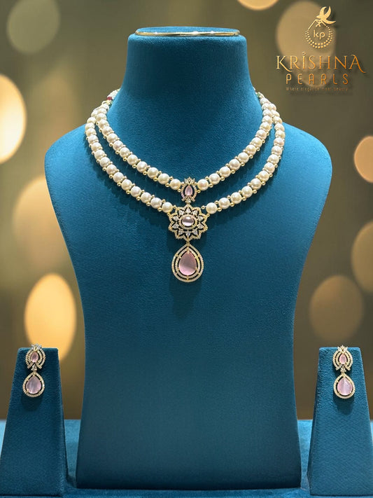 Button Pearls & Rose Quartz Double Layer Necklace Set