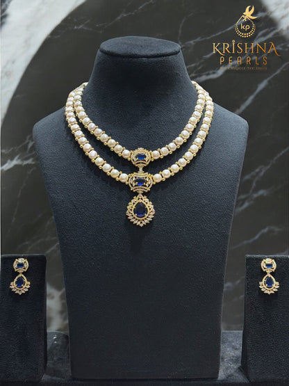Blue Sapphire Double Layer Button Pearls Necklace Set
