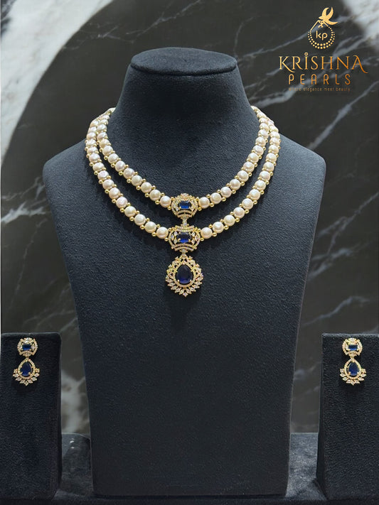Blue Sapphire Double Layer Button Pearls Necklace Set