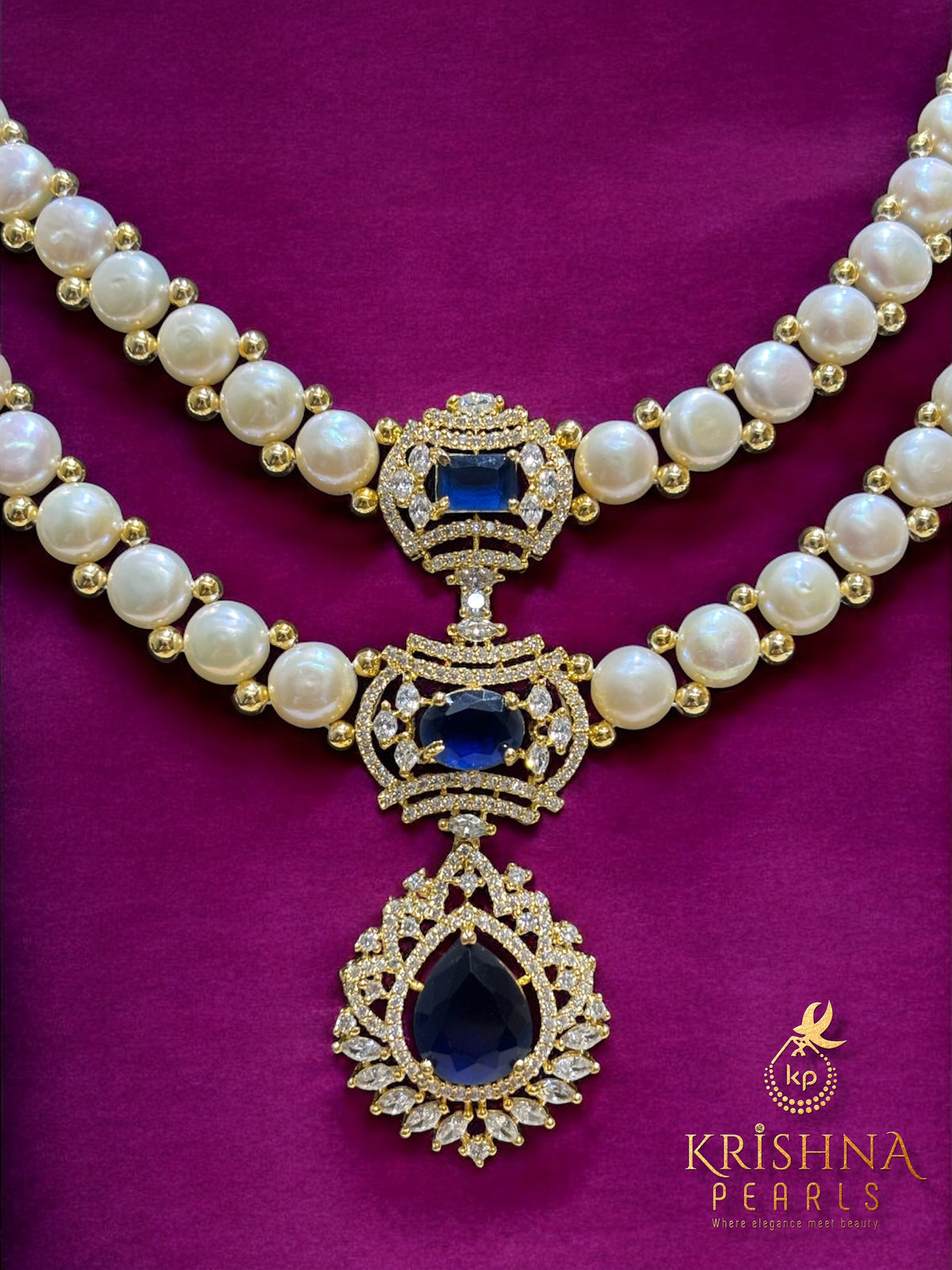 Blue Sapphire Double Layer Button Pearls Necklace Set
