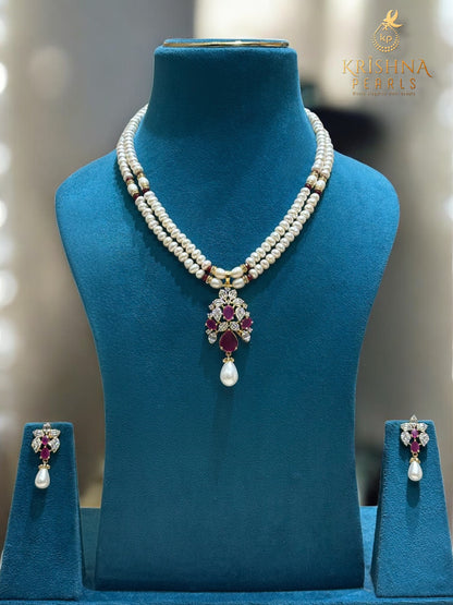 Royal Ruby Studded Pendent With Pearls Necklace Set