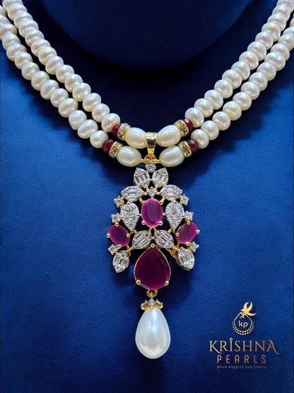 Royal Ruby Studded Pendent With Pearls Necklace Set