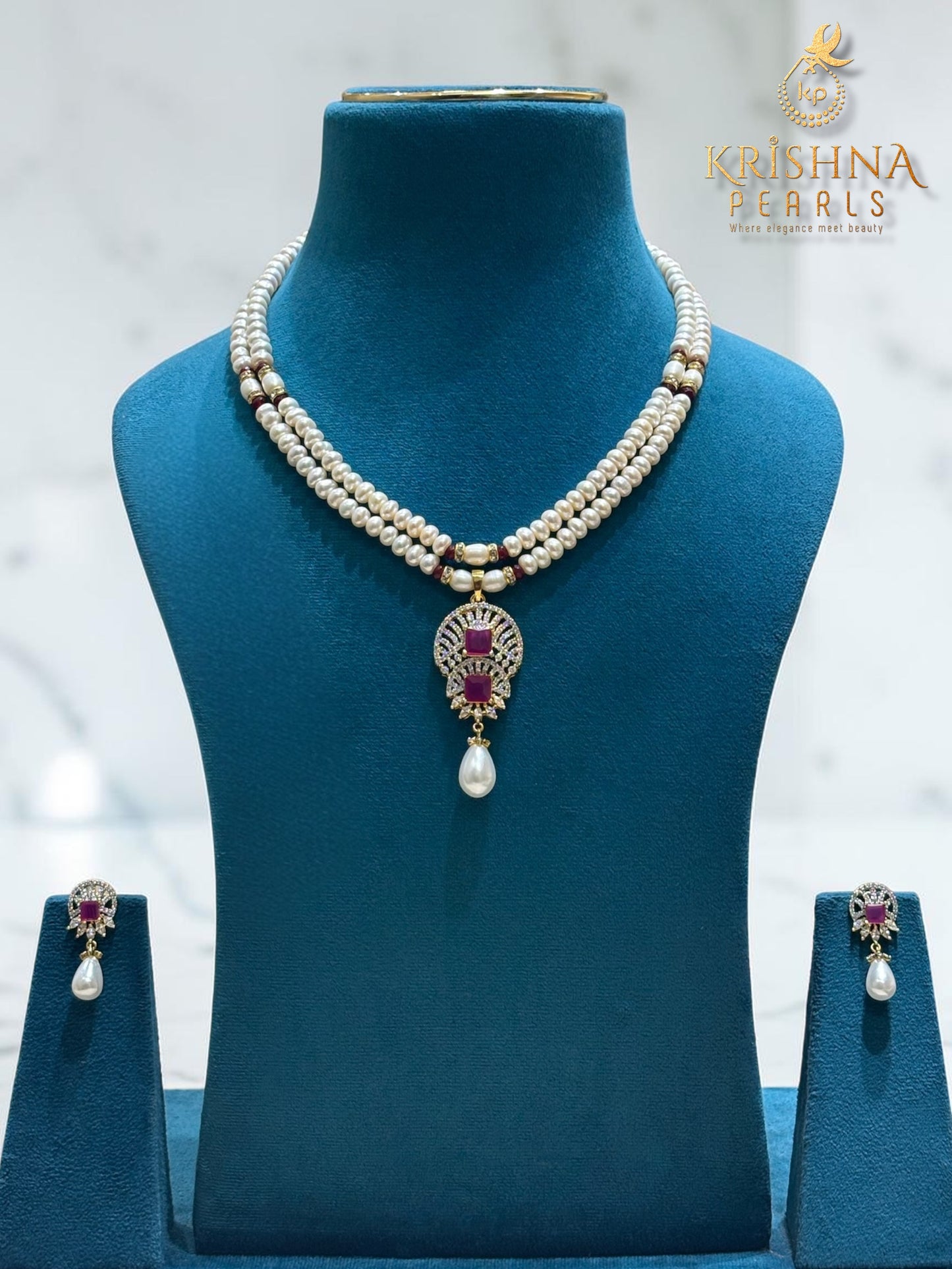 Designer Ruby & Pearl Hanging Pendent Set