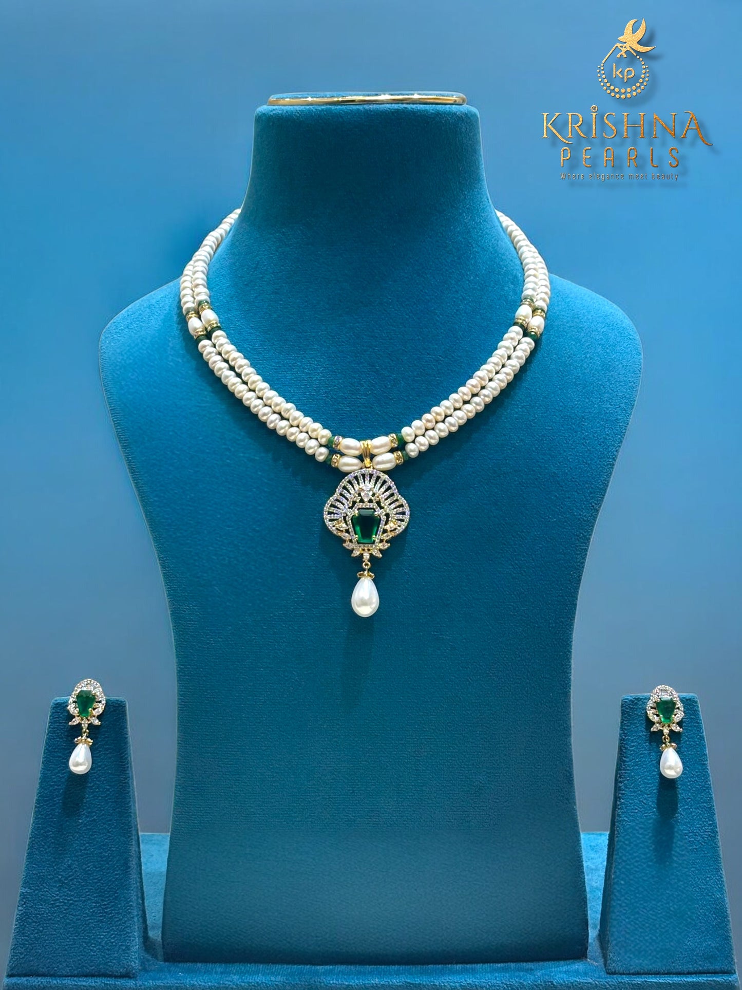 Real Pearls Two Layers Emerald Studded Necklace Set