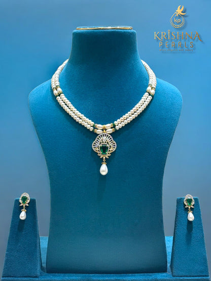 Real Pearls Two Layers Emerald Studded Necklace Set