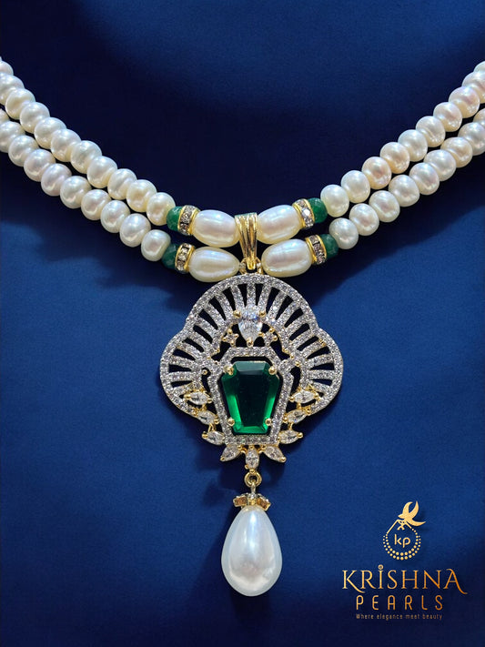 Real Pearls Two Layers Emerald Studded Necklace Set