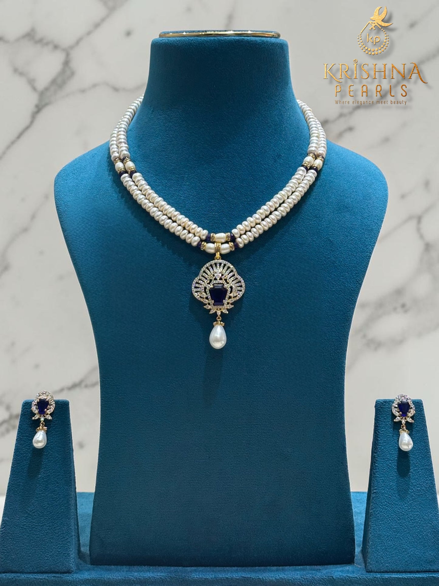 Real Pearls Two Layers Blue Sapphire Studded Necklace Set