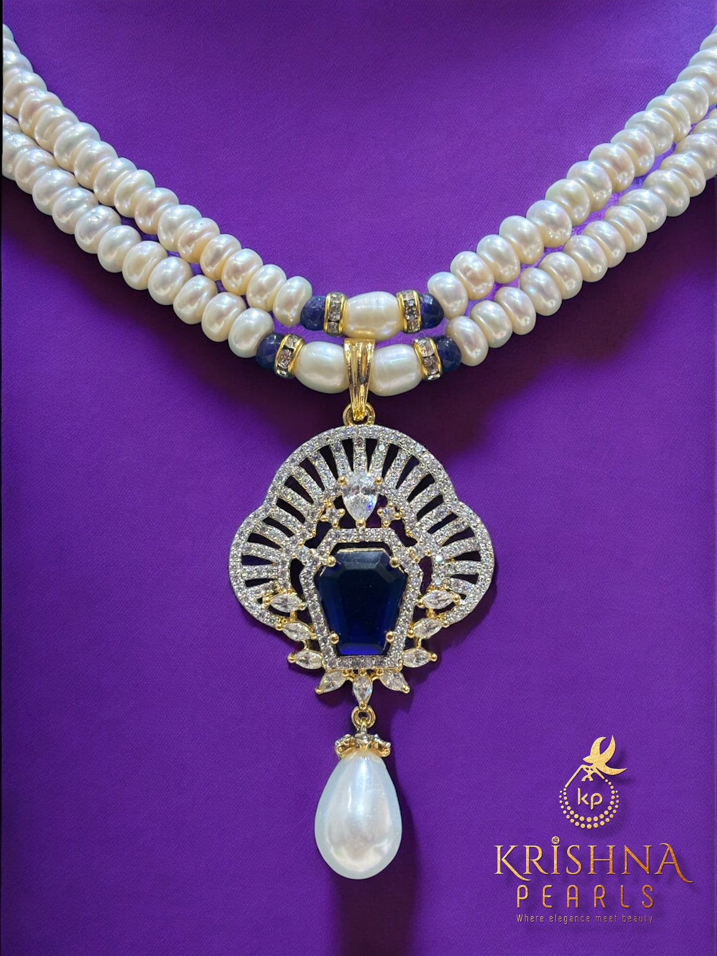 Real Pearls Two Layers Blue Sapphire Studded Necklace Set