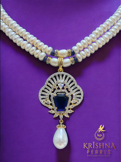Real Pearls Two Layers Blue Sapphire Studded Necklace Set